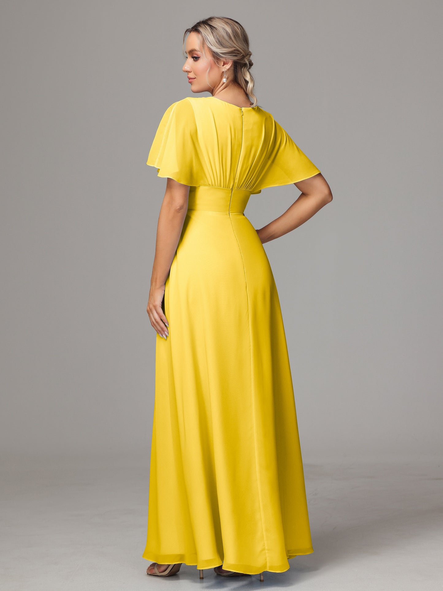 Short Sleeves V Neck Chiffon Bridesmaid Dress With Slit