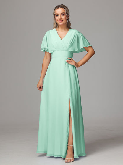 Short Sleeves V Neck Chiffon Bridesmaid Dress With Slit
