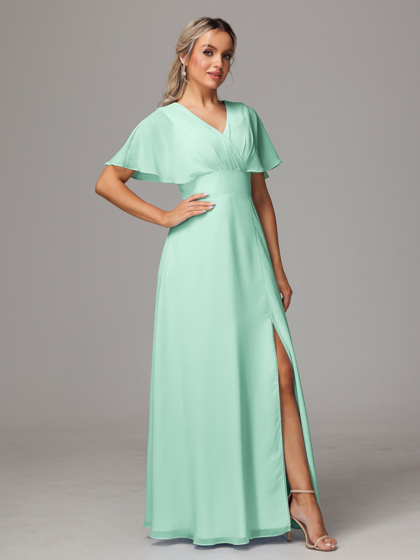 Short Sleeves V Neck Chiffon Bridesmaid Dress With Slit