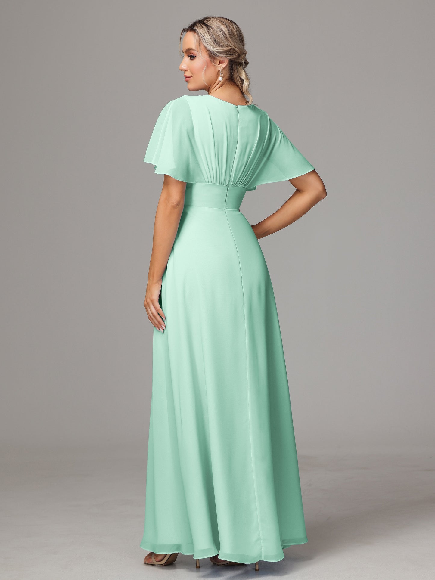 Short Sleeves V Neck Chiffon Bridesmaid Dress With Slit