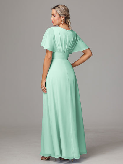 Short Sleeves V Neck Chiffon Bridesmaid Dress With Slit