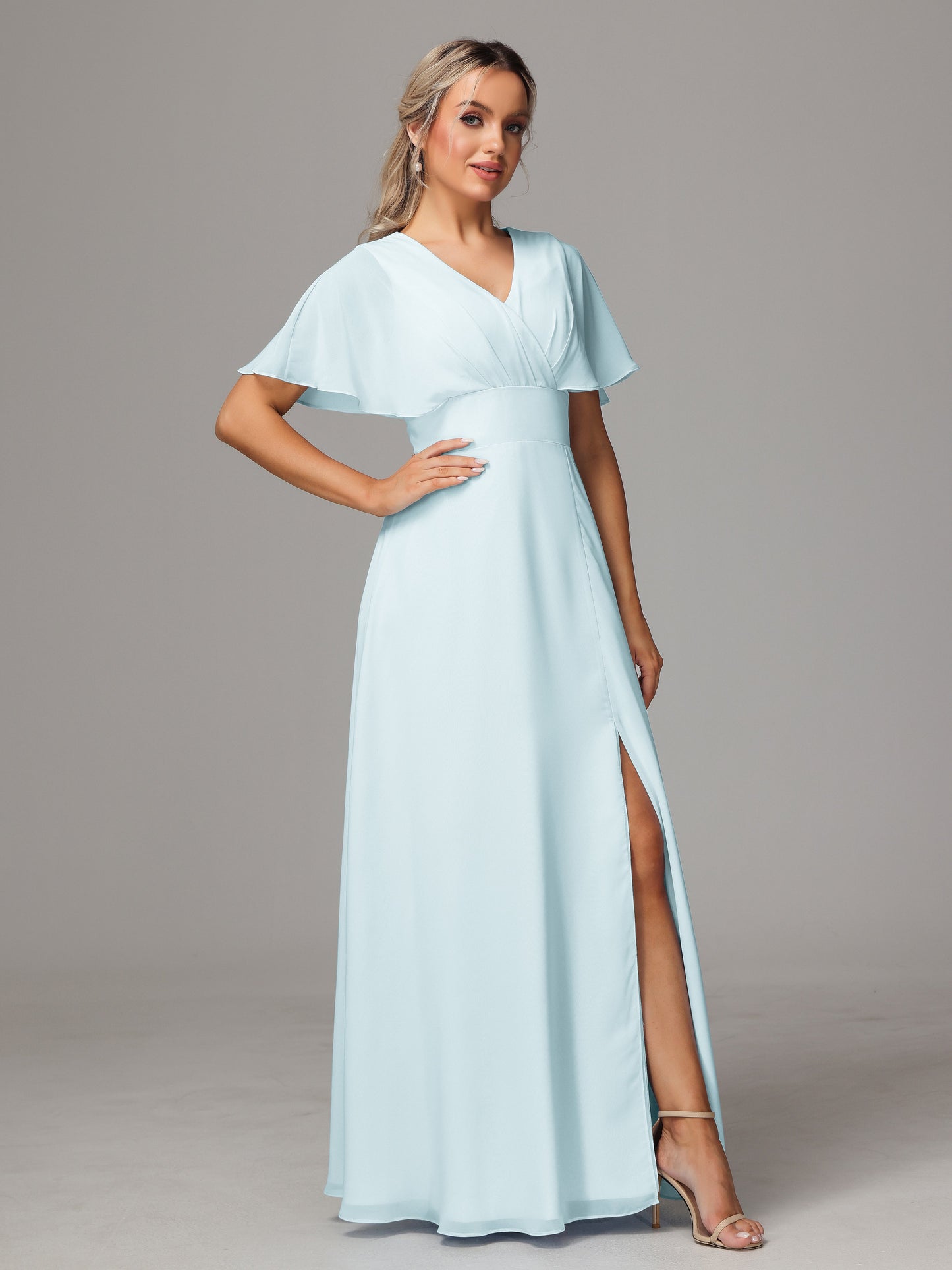 Short Sleeves V Neck Chiffon Bridesmaid Dress With Slit