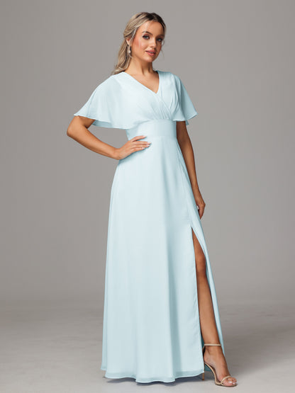 Short Sleeves V Neck Chiffon Bridesmaid Dress With Slit