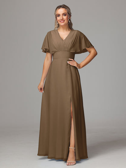 Short Sleeves V Neck Chiffon Bridesmaid Dress With Slit