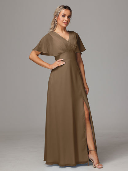 Short Sleeves V Neck Chiffon Bridesmaid Dress With Slit