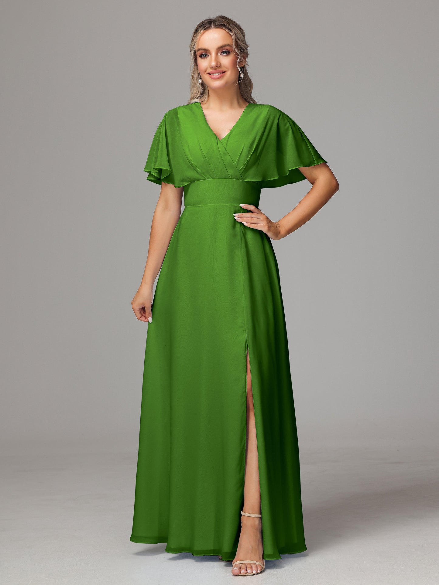 Short Sleeves V Neck Chiffon Bridesmaid Dress With Slit