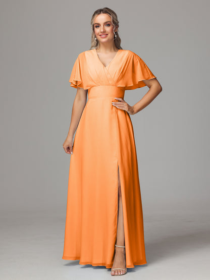 Short Sleeves V Neck Chiffon Bridesmaid Dress With Slit