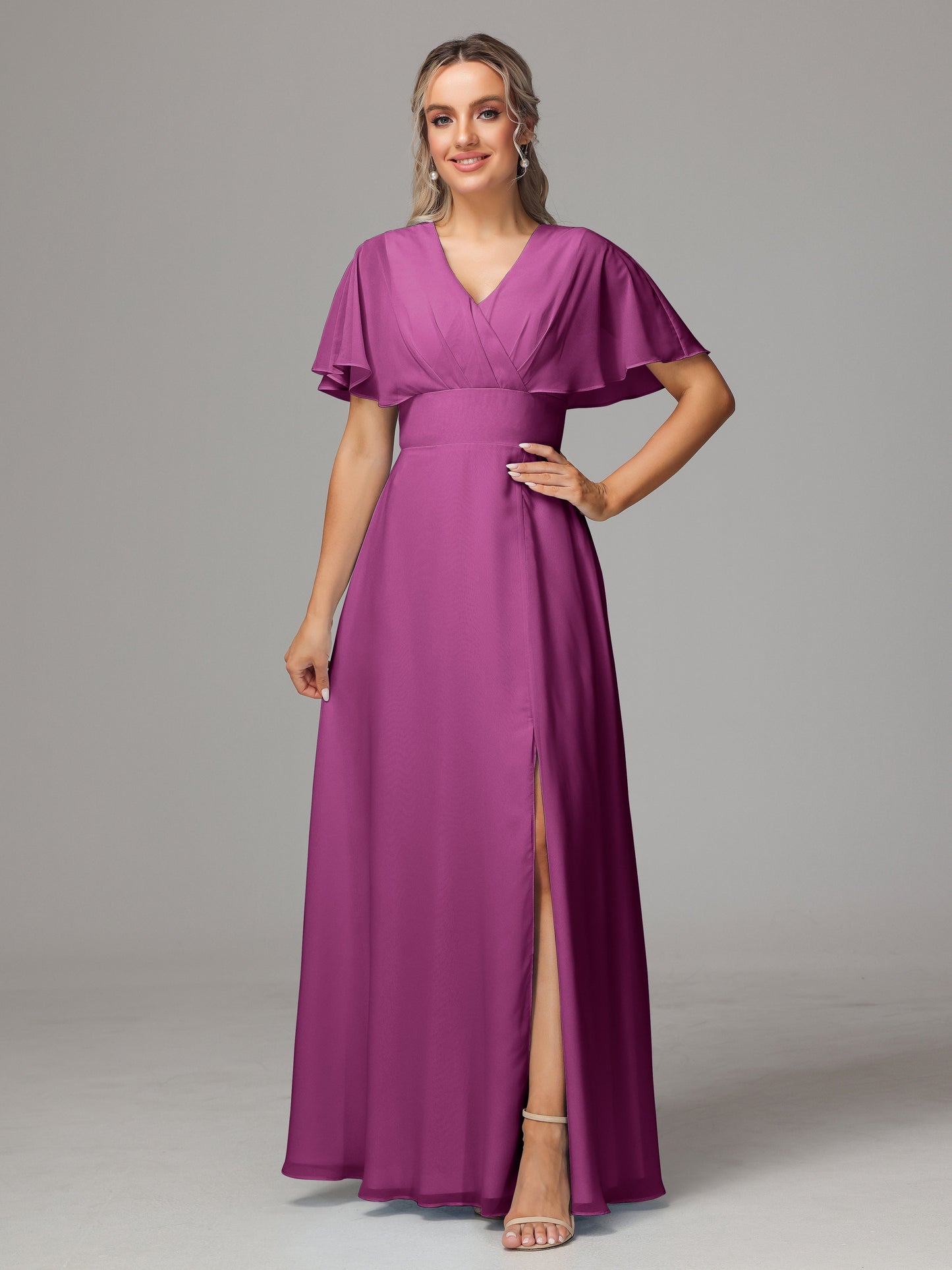 Short Sleeves V Neck Chiffon Bridesmaid Dress With Slit