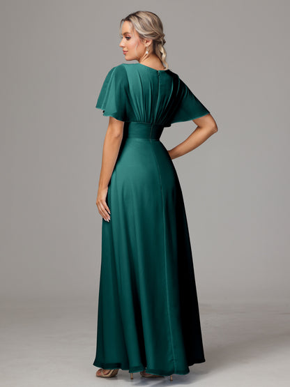 Short Sleeves V Neck Chiffon Bridesmaid Dress With Slit