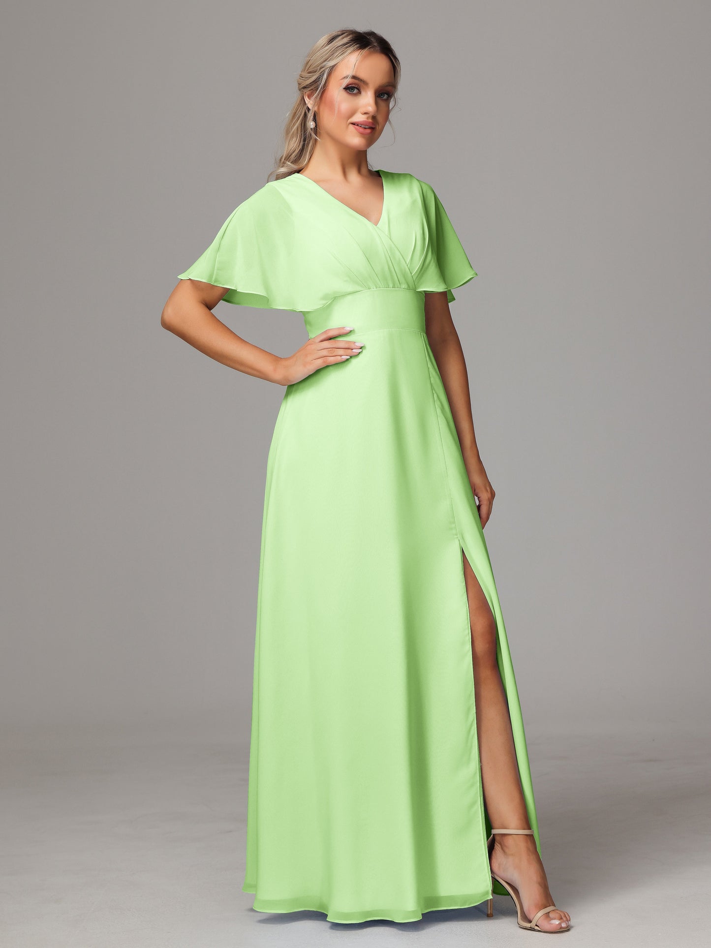 Short Sleeves V Neck Chiffon Bridesmaid Dress With Slit
