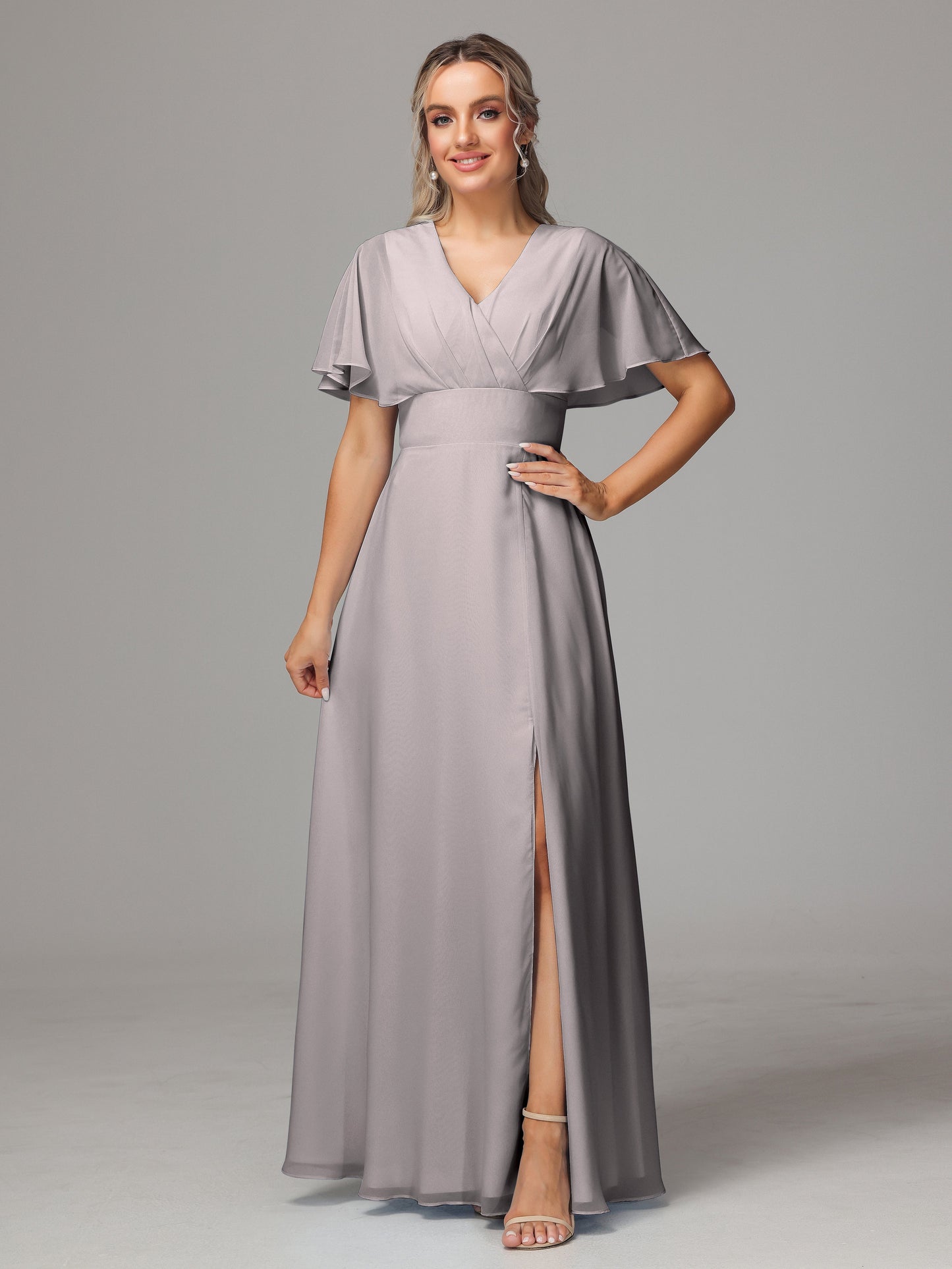 Short Sleeves V Neck Chiffon Bridesmaid Dress With Slit