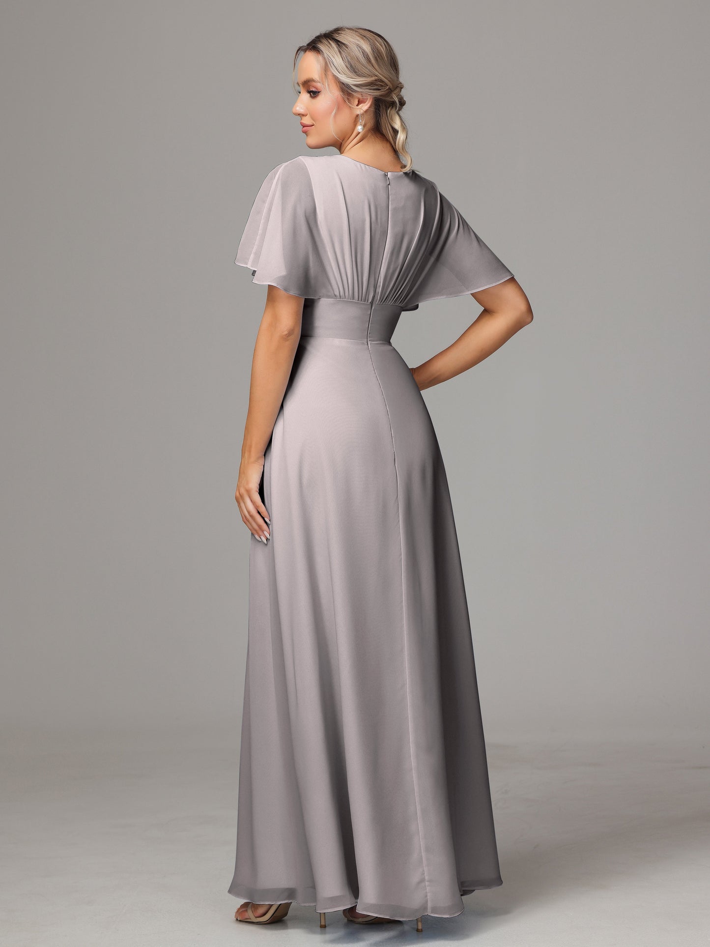 Short Sleeves V Neck Chiffon Bridesmaid Dress With Slit