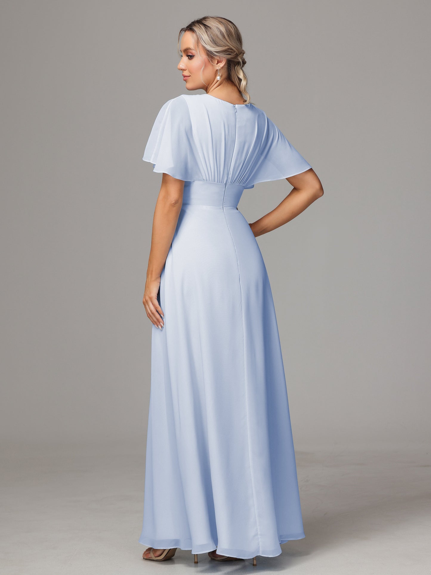 Short Sleeves V Neck Chiffon Bridesmaid Dress With Slit