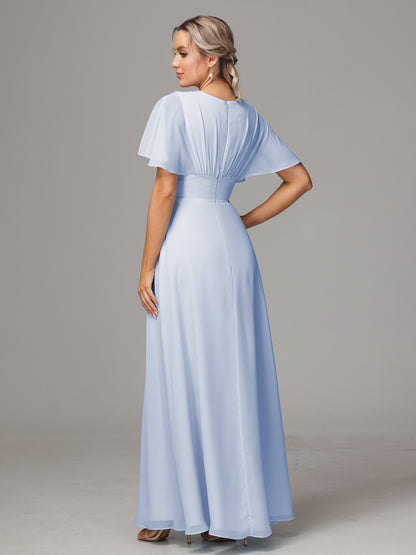 Short Sleeves V Neck Chiffon Bridesmaid Dress With Slit