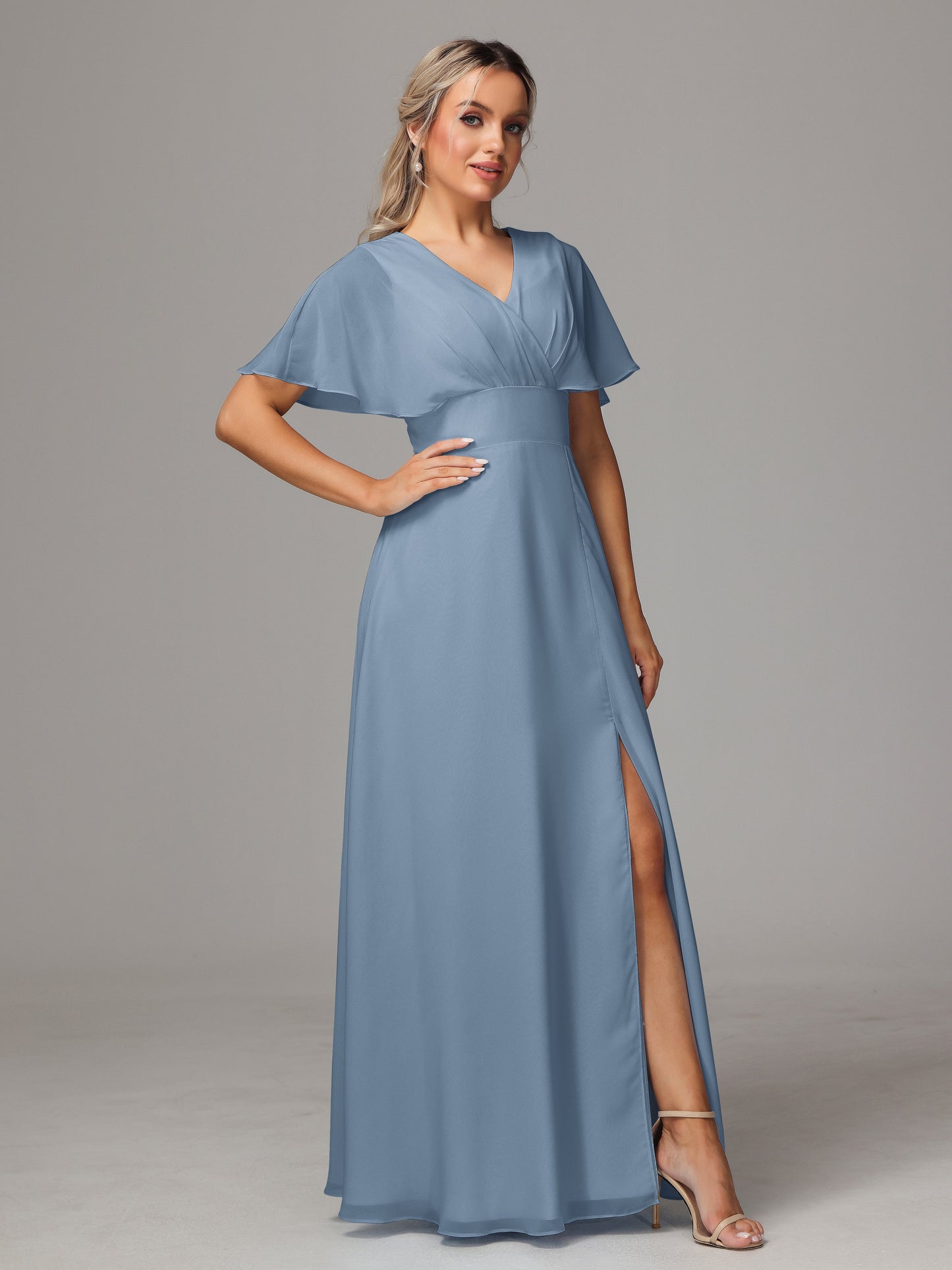 Short Sleeves V Neck Chiffon Bridesmaid Dress With Slit