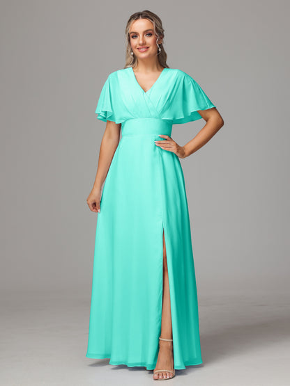 Short Sleeves V Neck Chiffon Bridesmaid Dress With Slit