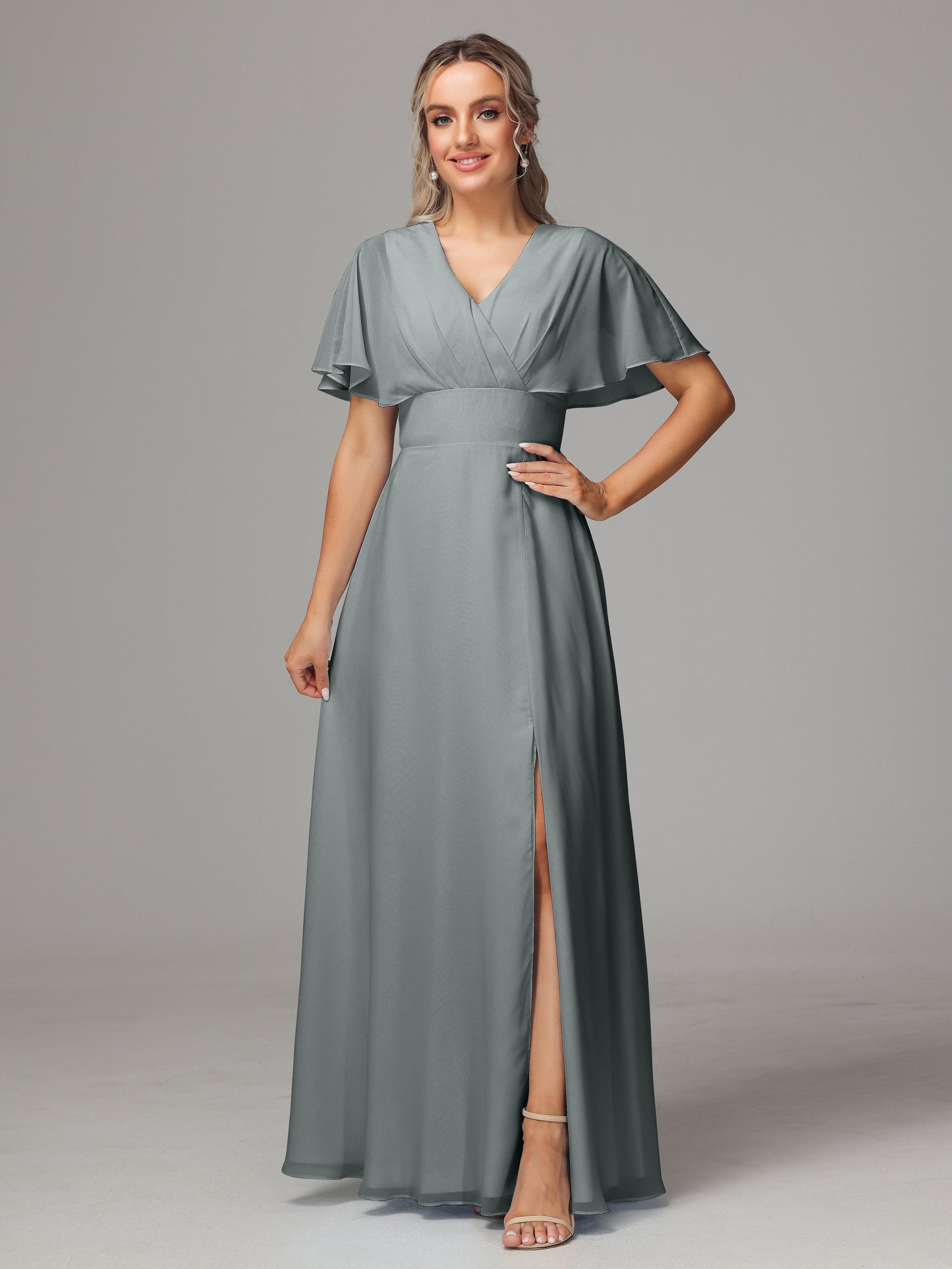 Short Sleeves V Neck Chiffon Bridesmaid Dress With Slit