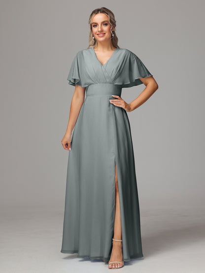 Short Sleeves V Neck Chiffon Bridesmaid Dress With Slit