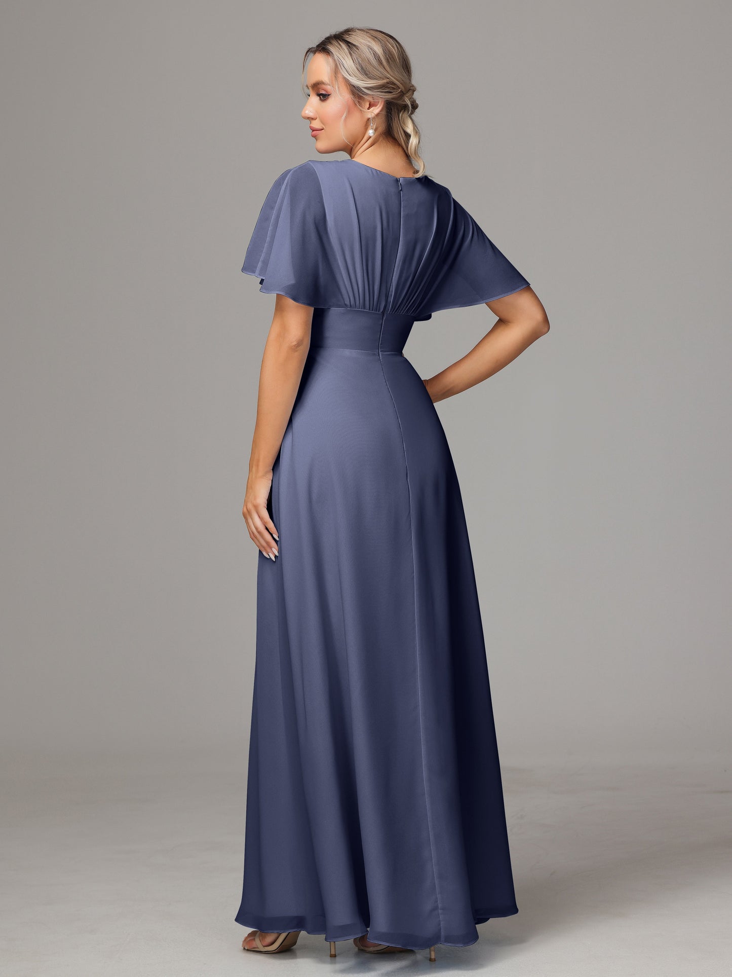 Short Sleeves V Neck Chiffon Bridesmaid Dress With Slit