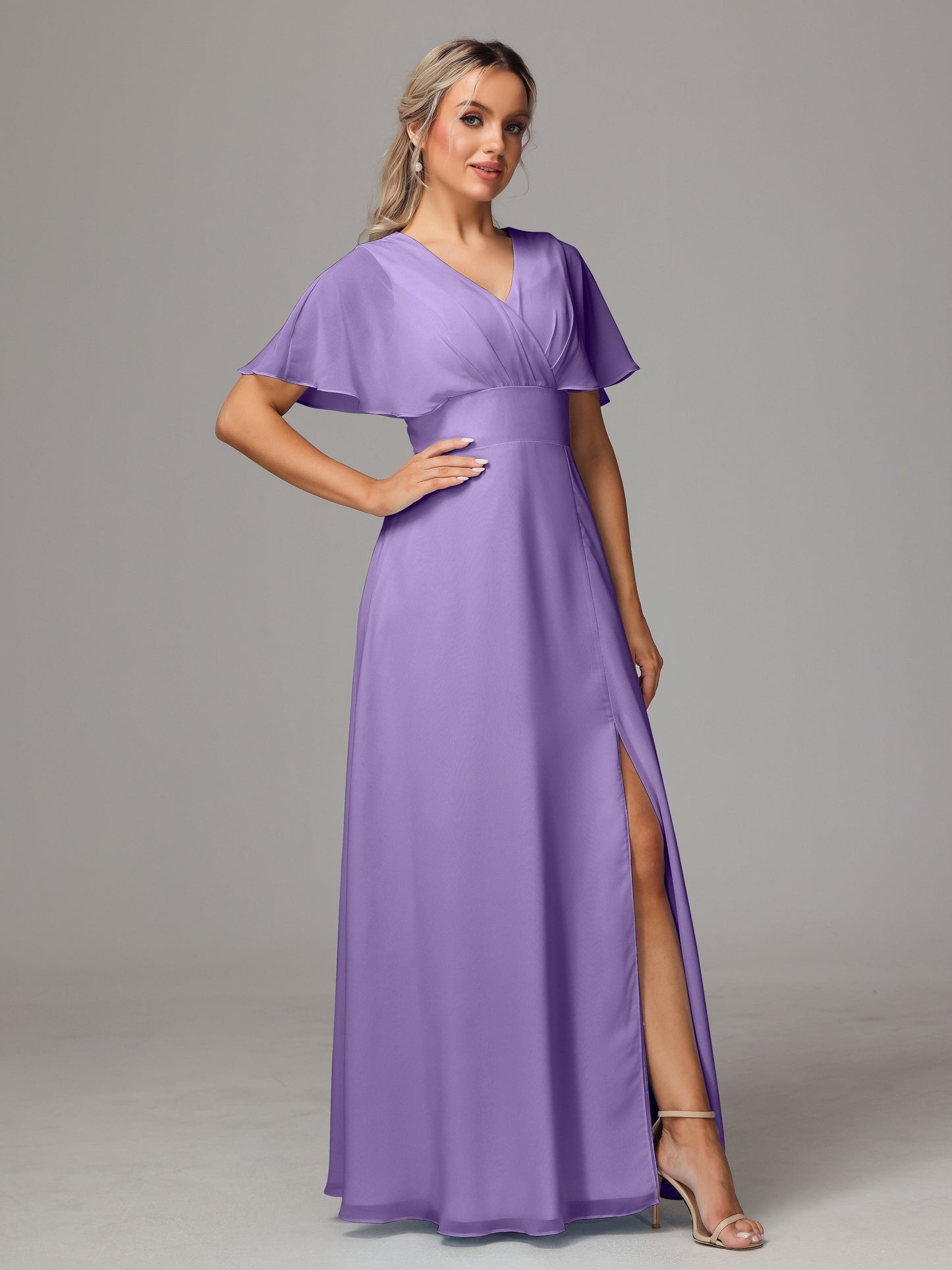 Short Sleeves V Neck Chiffon Bridesmaid Dress With Slit
