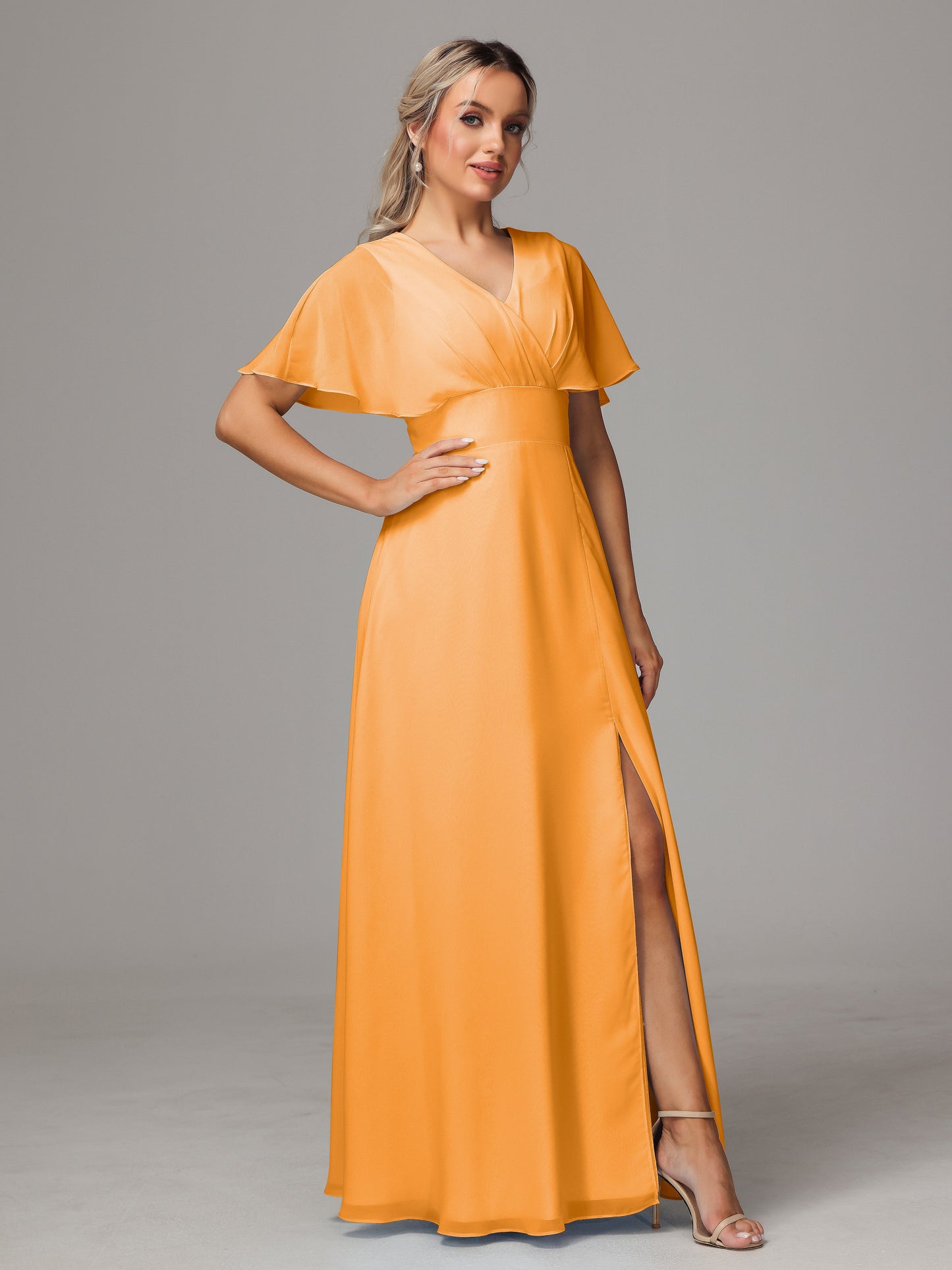 Short Sleeves V Neck Chiffon Bridesmaid Dress With Slit