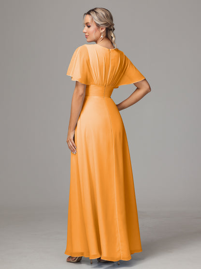 Short Sleeves V Neck Chiffon Bridesmaid Dress With Slit