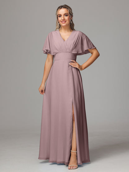 Short Sleeves V Neck Chiffon Bridesmaid Dress With Slit
