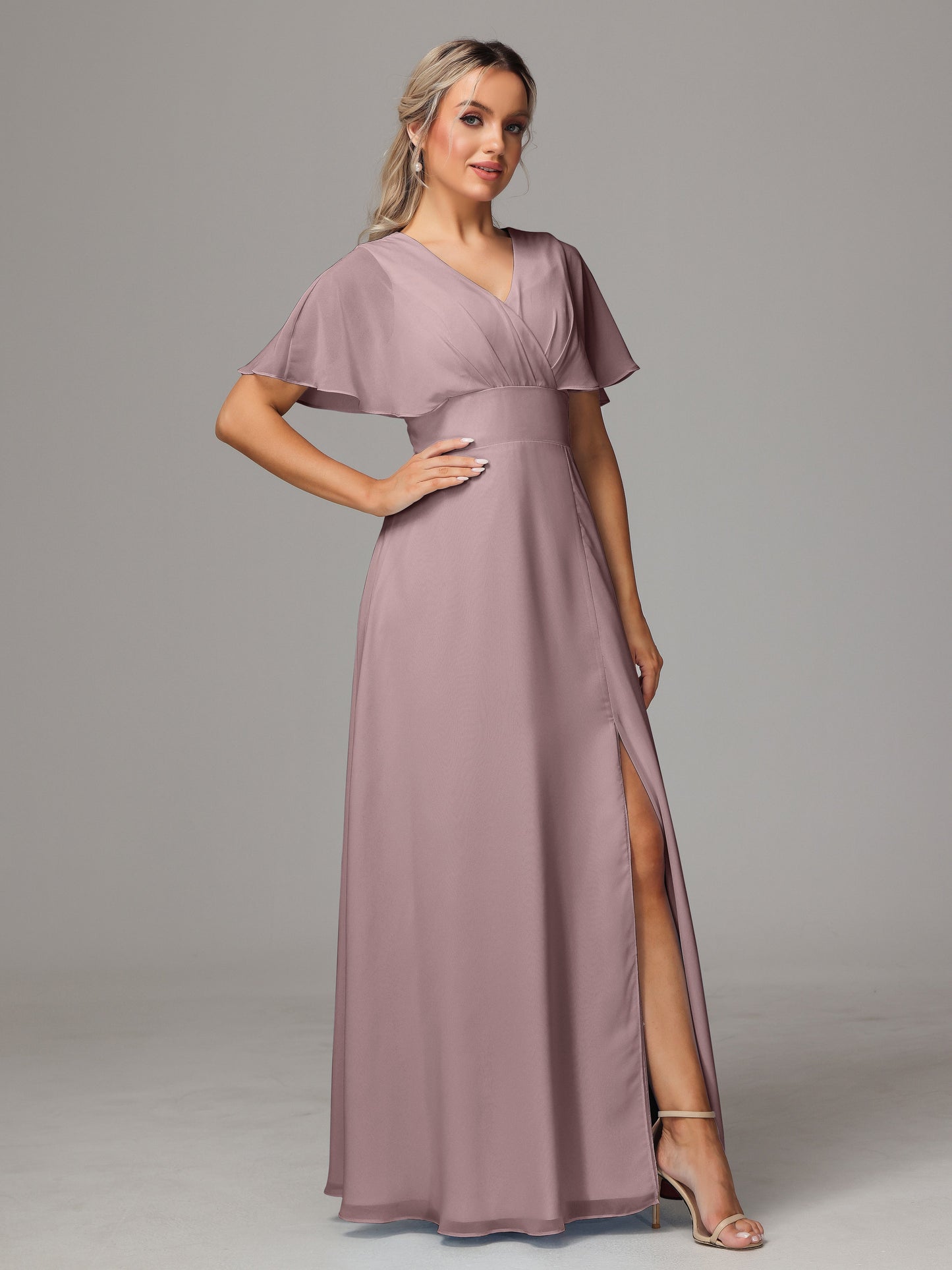 Short Sleeves V Neck Chiffon Bridesmaid Dress With Slit