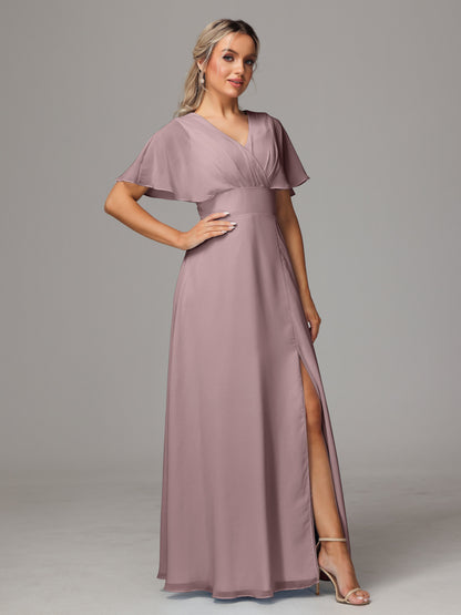 Short Sleeves V Neck Chiffon Bridesmaid Dress With Slit