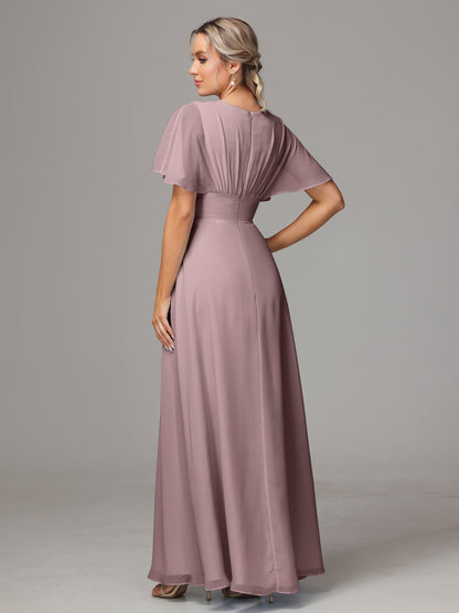 Short Sleeves V Neck Chiffon Bridesmaid Dress With Slit
