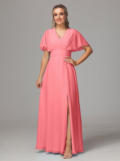 Short Sleeves V Neck Chiffon Bridesmaid Dress With Slit