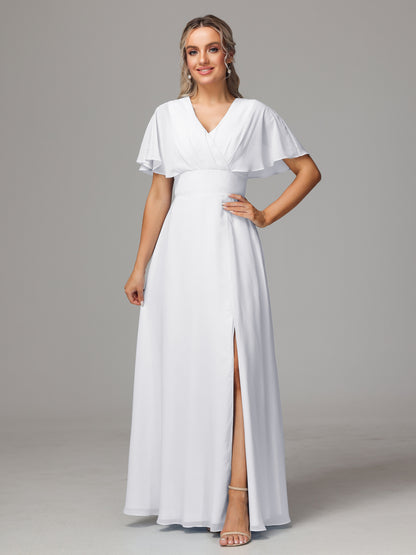 Short Sleeves V Neck Chiffon Bridesmaid Dress With Slit