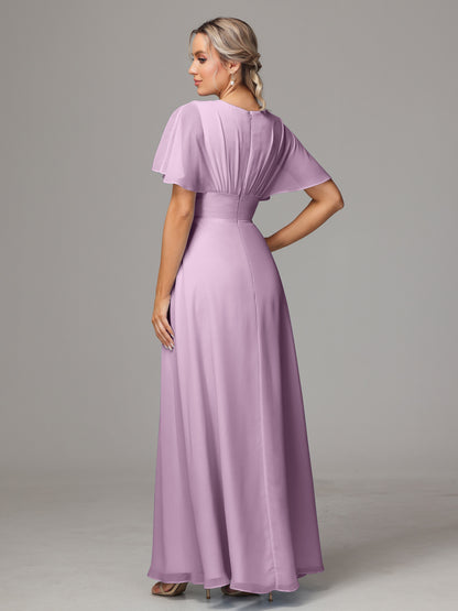Short Sleeves V Neck Chiffon Bridesmaid Dress With Slit