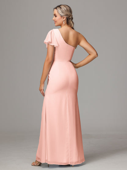 One Shoulder With Slit Chiffon Bridesmaid Dress