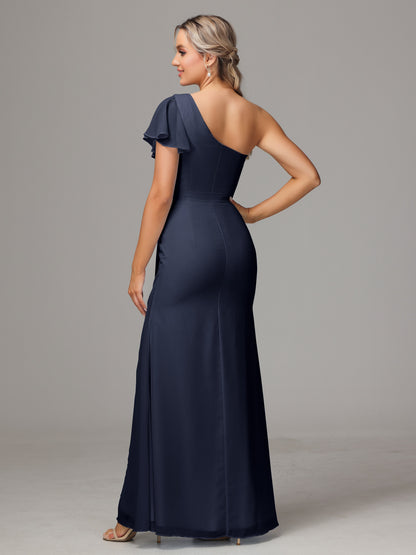 One Shoulder With Slit Chiffon Bridesmaid Dress