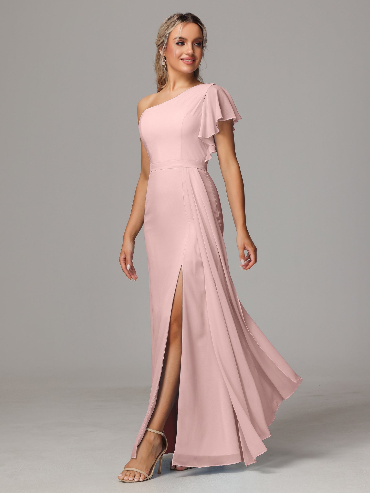 One Shoulder With Slit Chiffon Bridesmaid Dress