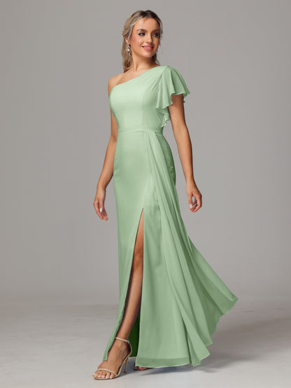 One Shoulder With Slit Chiffon Bridesmaid Dress