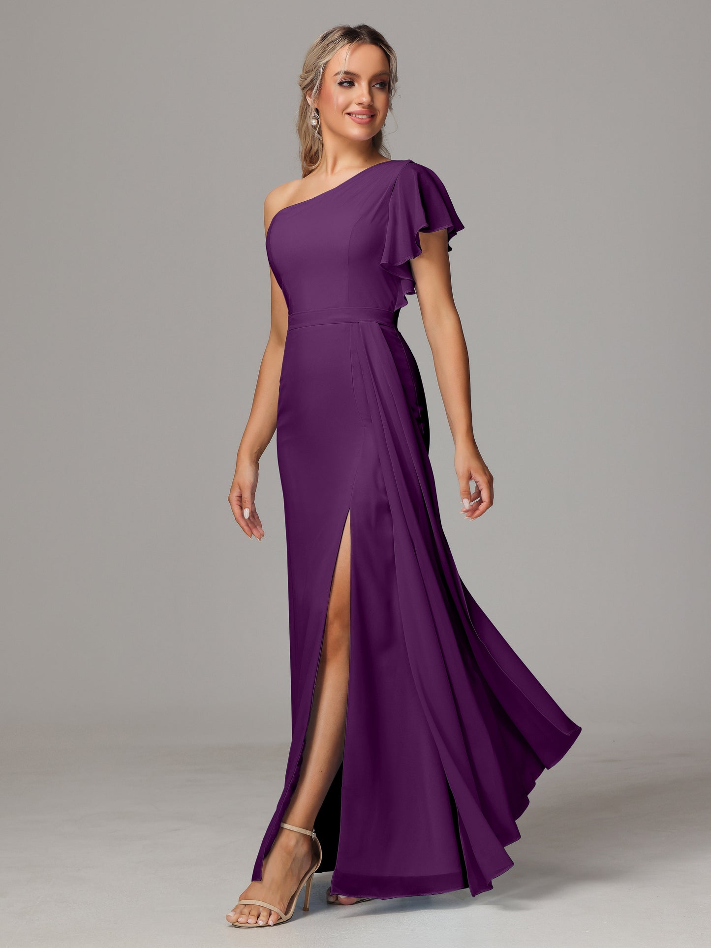 One Shoulder With Slit Chiffon Bridesmaid Dress