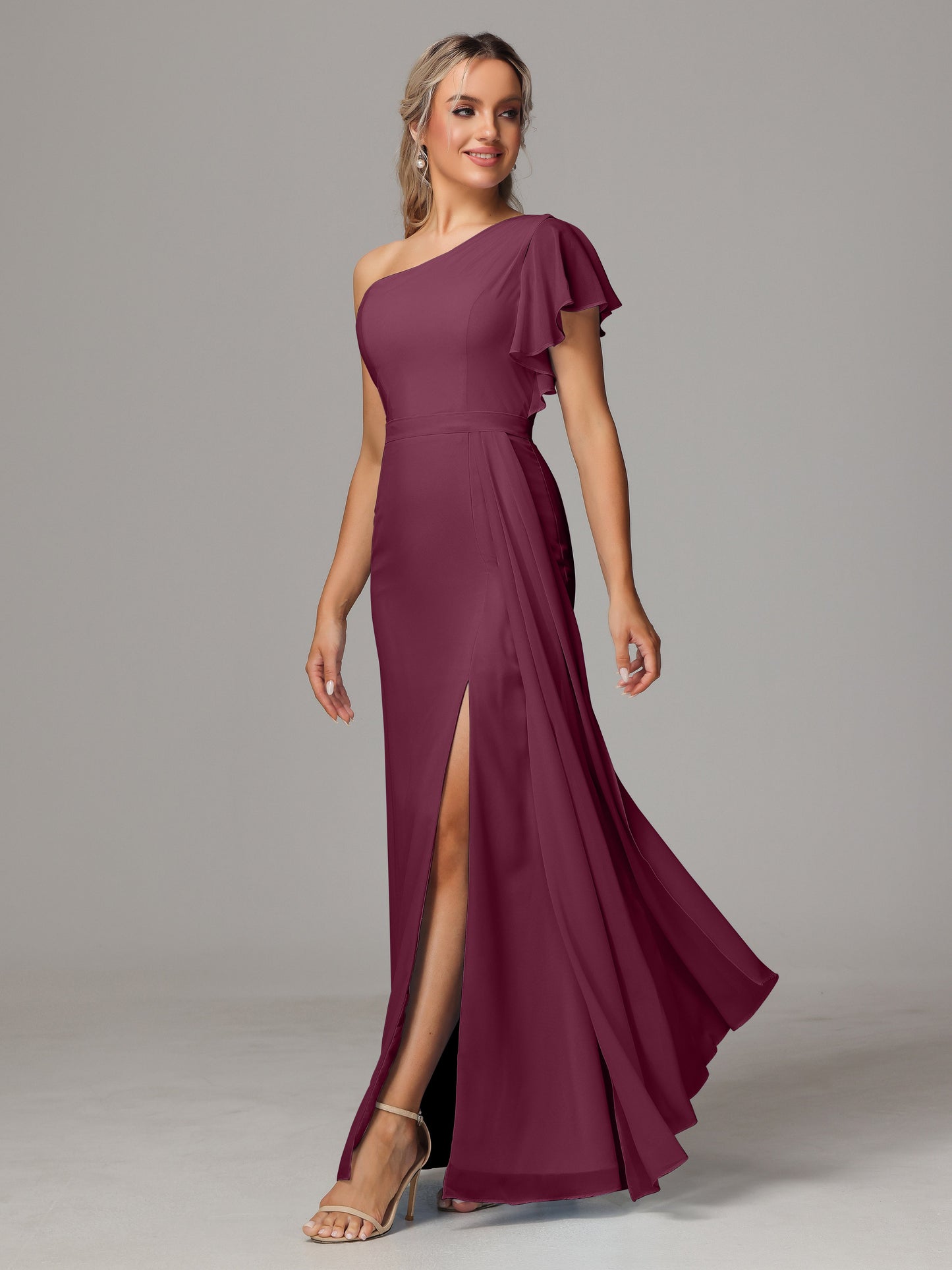 One Shoulder With Slit Chiffon Bridesmaid Dress