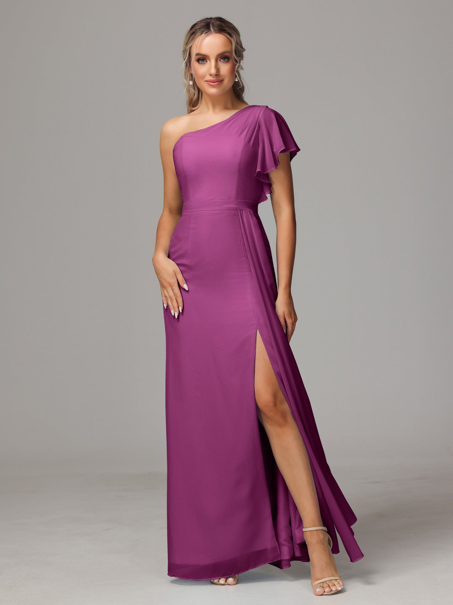 One Shoulder With Slit Chiffon Bridesmaid Dress