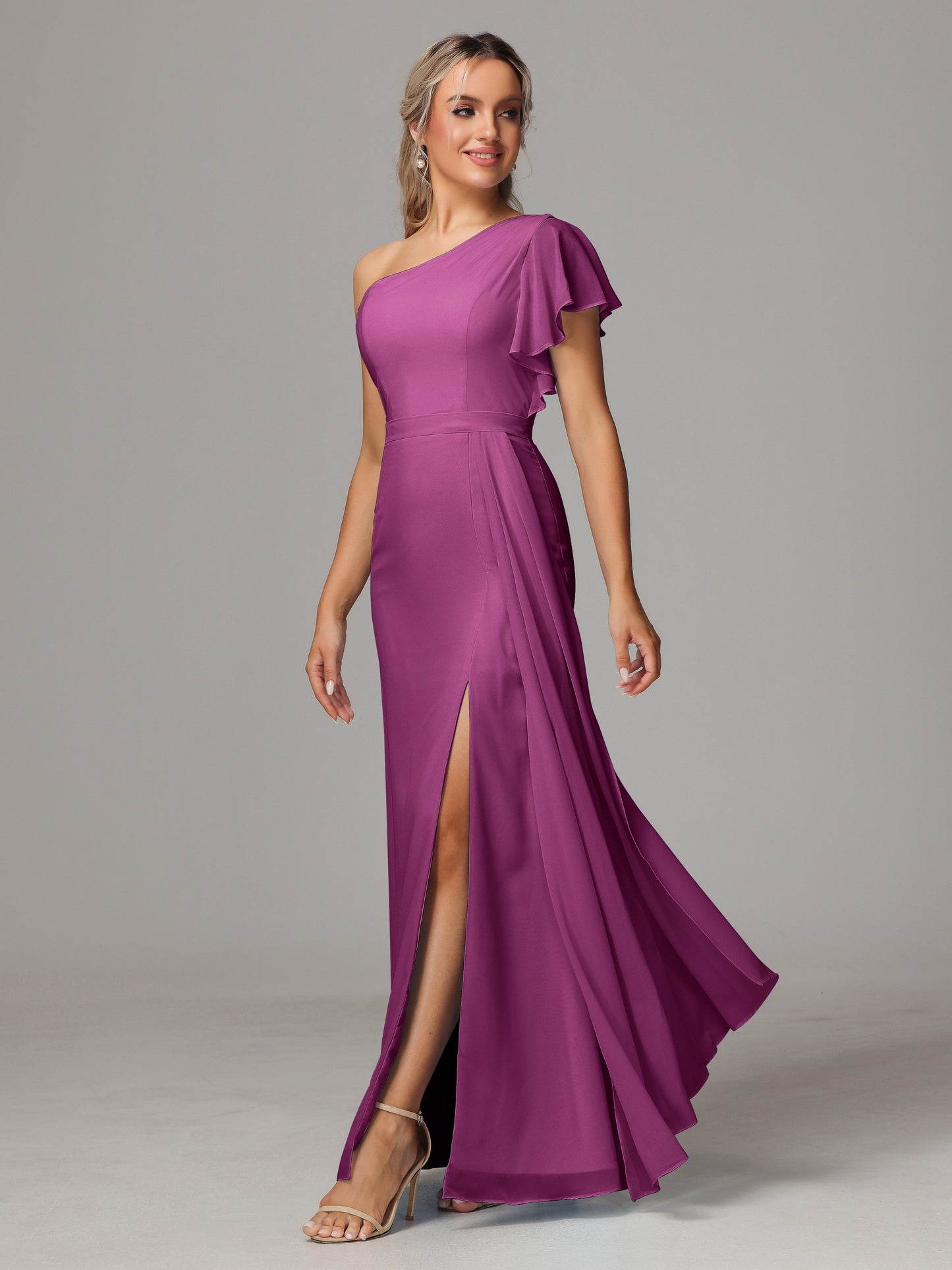 One Shoulder With Slit Chiffon Bridesmaid Dress