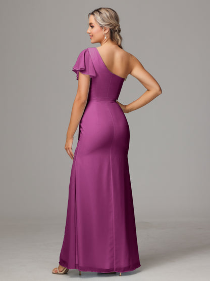 One Shoulder With Slit Chiffon Bridesmaid Dress