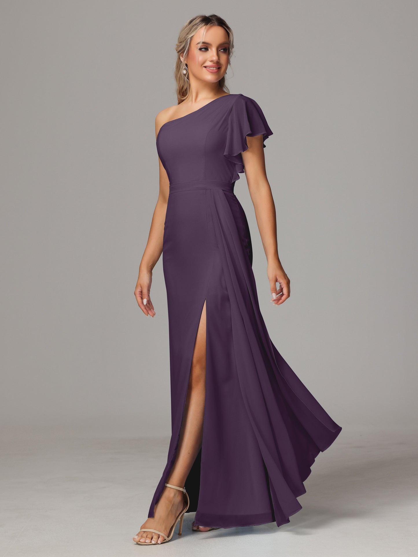 One Shoulder With Slit Chiffon Bridesmaid Dress