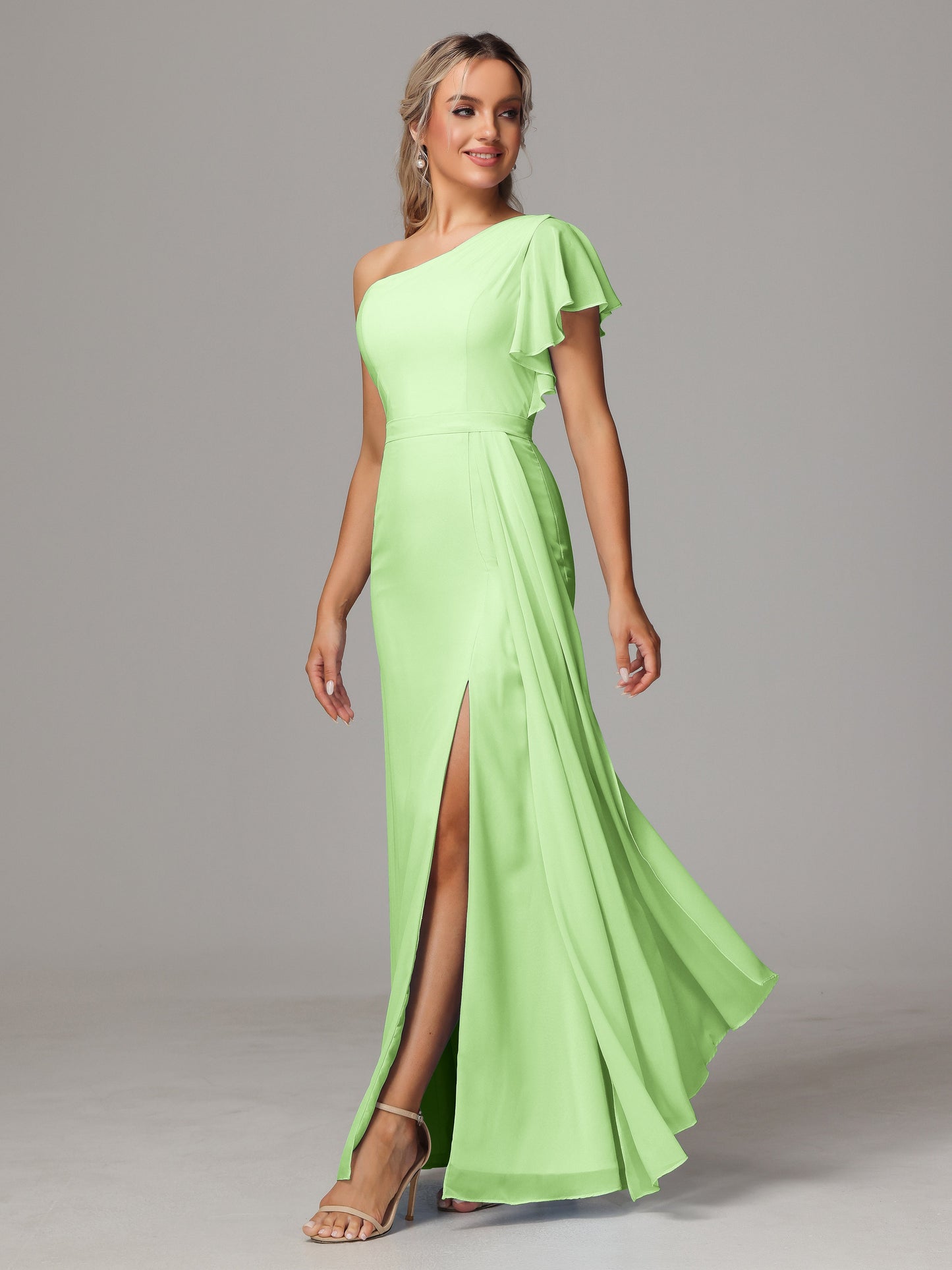 One Shoulder With Slit Chiffon Bridesmaid Dress