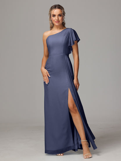 One Shoulder With Slit Chiffon Bridesmaid Dress