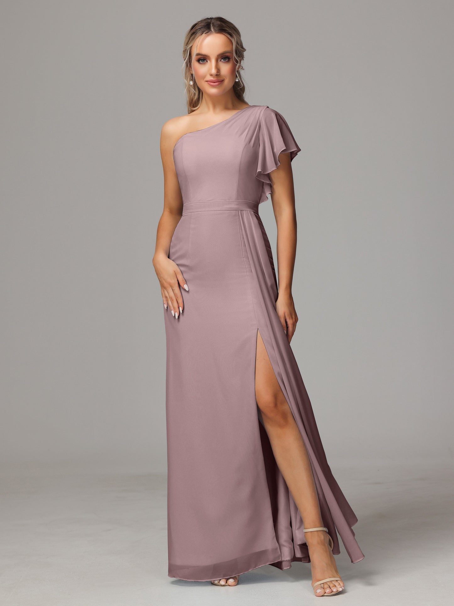 One Shoulder With Slit Chiffon Bridesmaid Dress