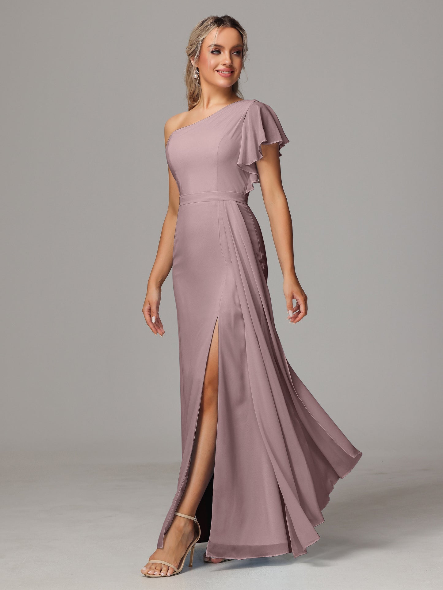One Shoulder With Slit Chiffon Bridesmaid Dress