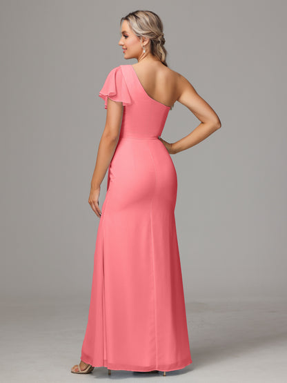 One Shoulder With Slit Chiffon Bridesmaid Dress