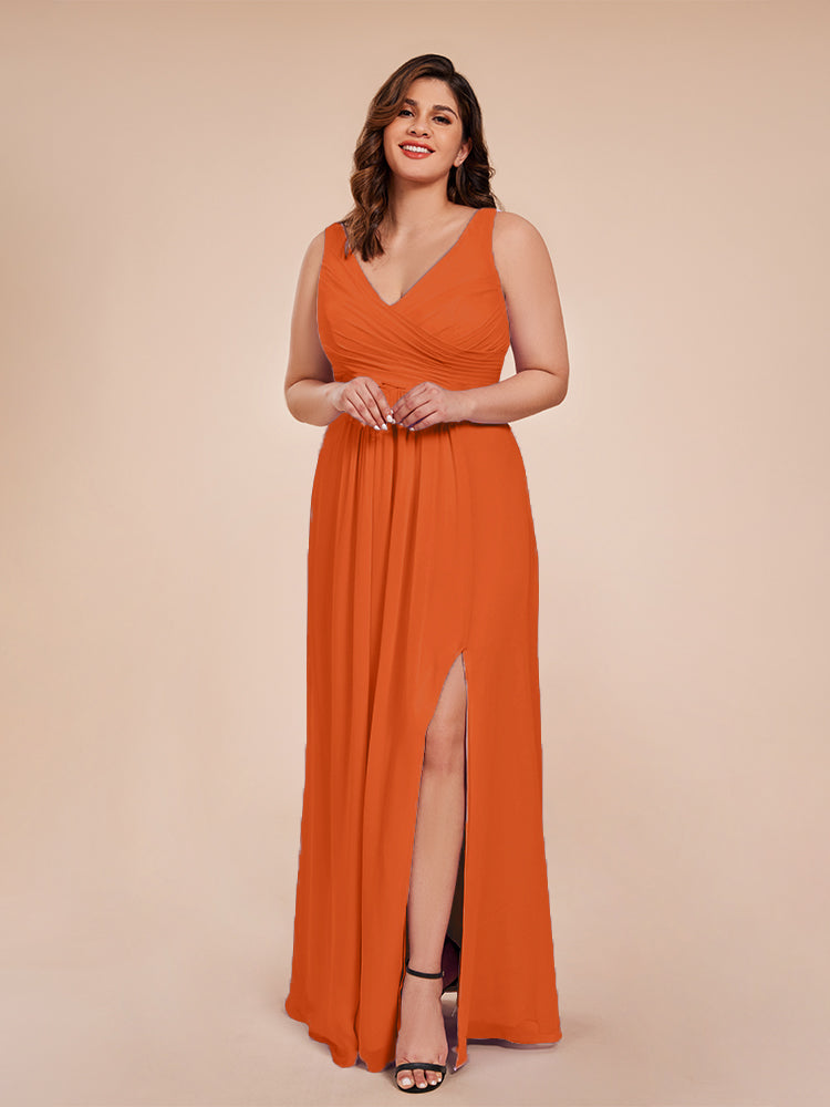 Jurnee Floor Length V-neck Ruched Chiffon Plus Size Bridesmaid Dress