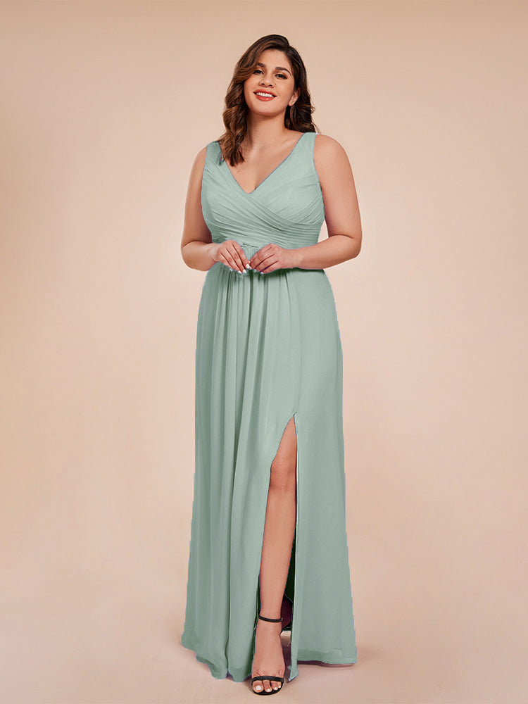 Jurnee Floor Length V-neck Ruched Chiffon Plus Size Bridesmaid Dress